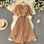 Chiffon Pleated Solid V-Neck Dress