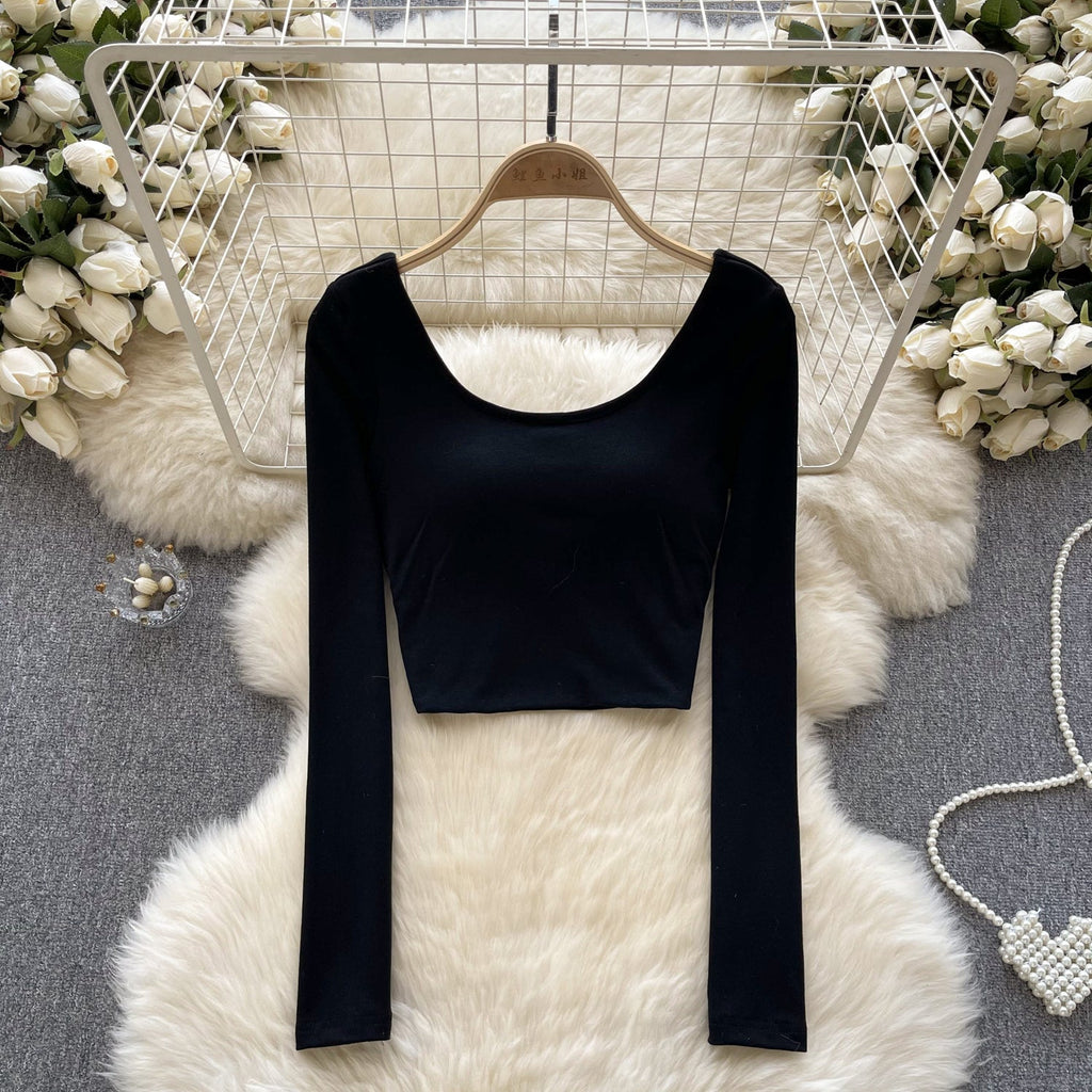 U-neck Backless Solid Color Shirt