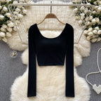 U-neck Backless Solid Color Shirt