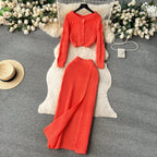 Twisted Cardigan&Split Skirt Knitted 2Pcs