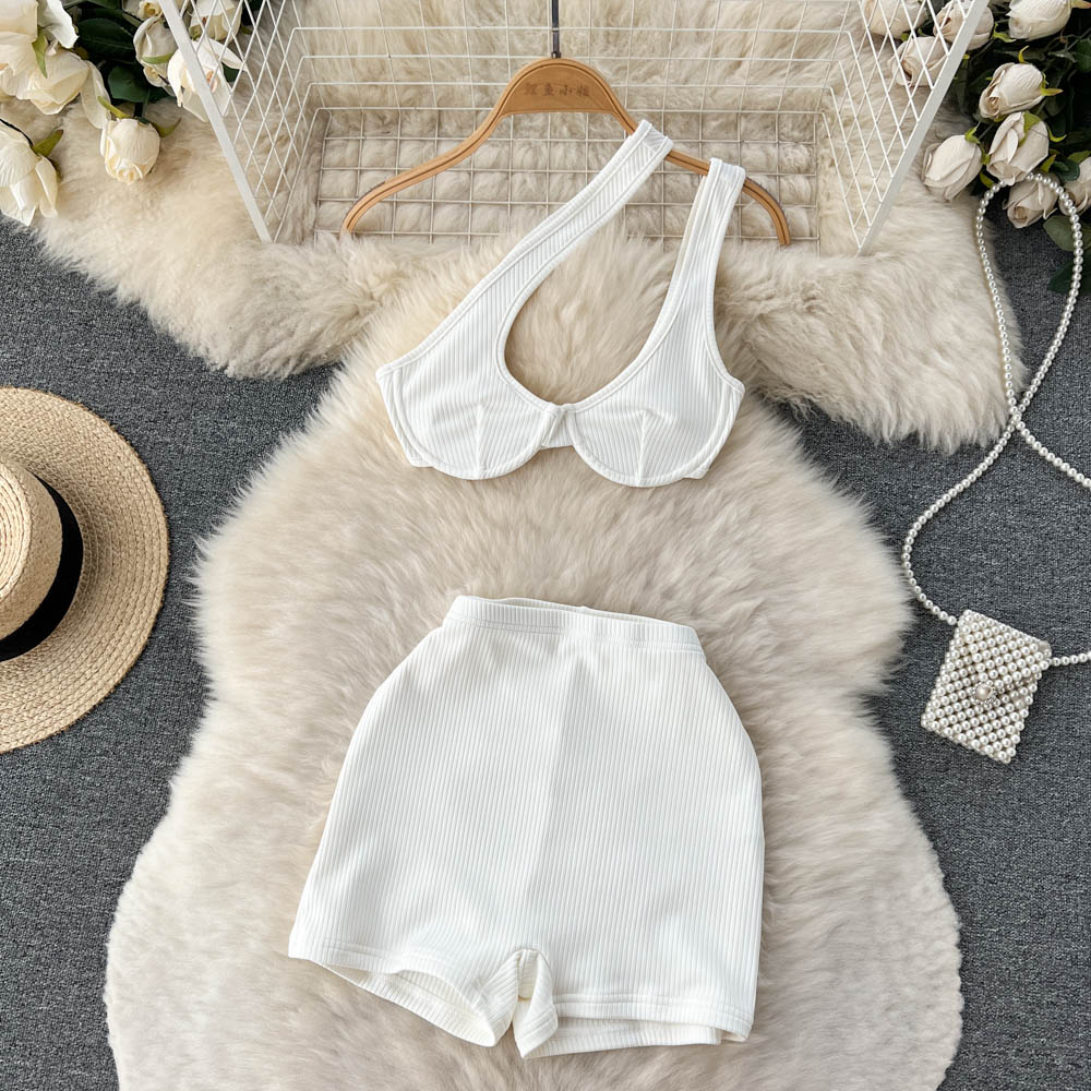 One-shoulder Camisole&Wide-leg Shorts 2Pcs