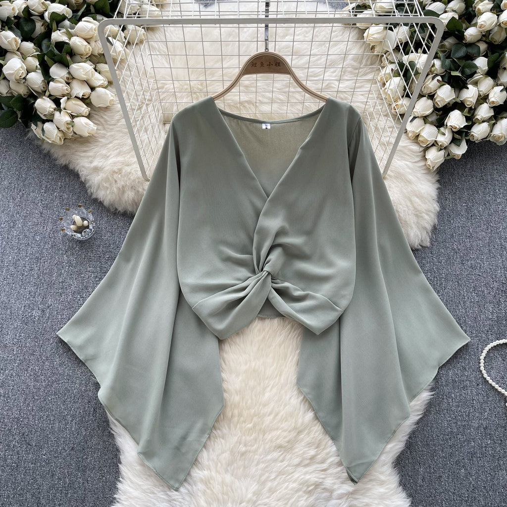 V-Neck Twisted Solid Color Chiffon Top