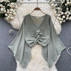 V-Neck Twisted Solid Color Chiffon Top