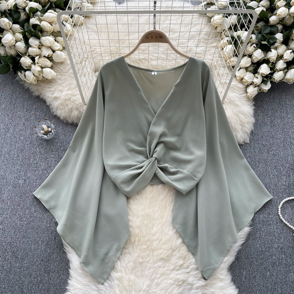 V-Neck Twisted Solid Color Chiffon Top