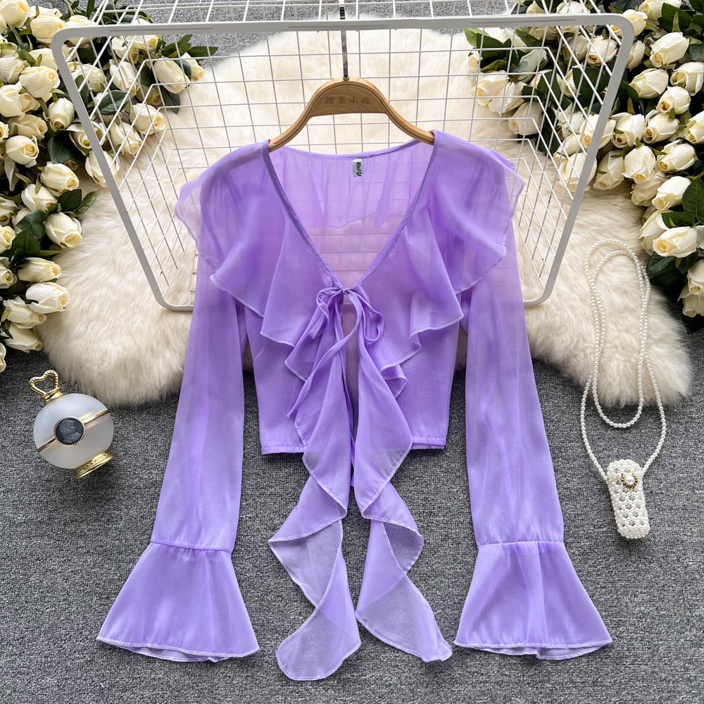 French Style V-neck Lace-up Blouse