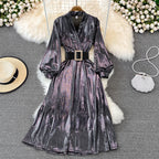 French Style Flared-sleeve Metallic Dress