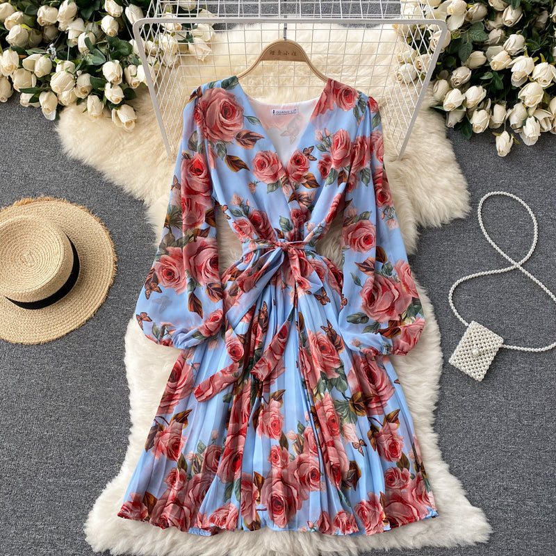 V-neck Waistband Ruffle Dress