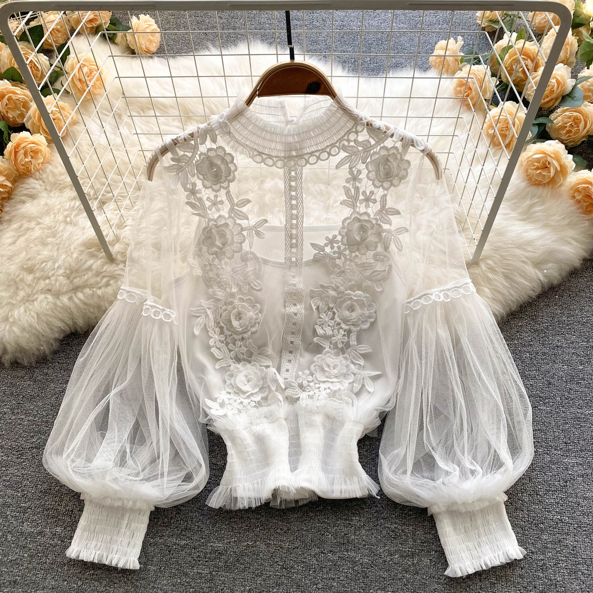 Mesh Lantern Sleeve Lace Embroidered Shirt