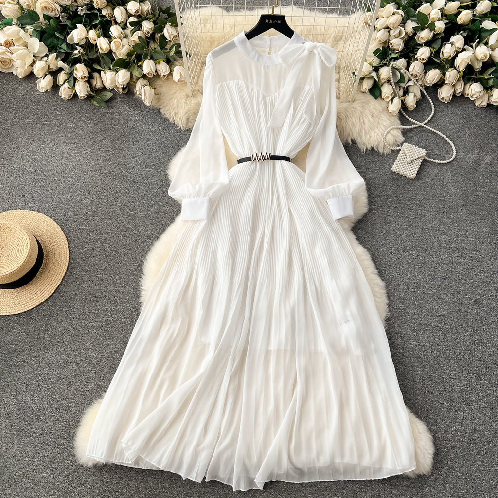 Bow-tie Pleated Chiffon Maxi Dress
