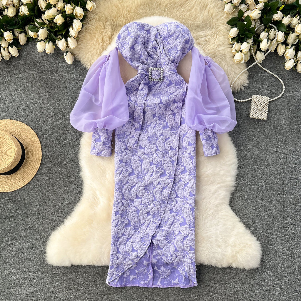 Off-shoulder Flared Sleeve Crochet Dress