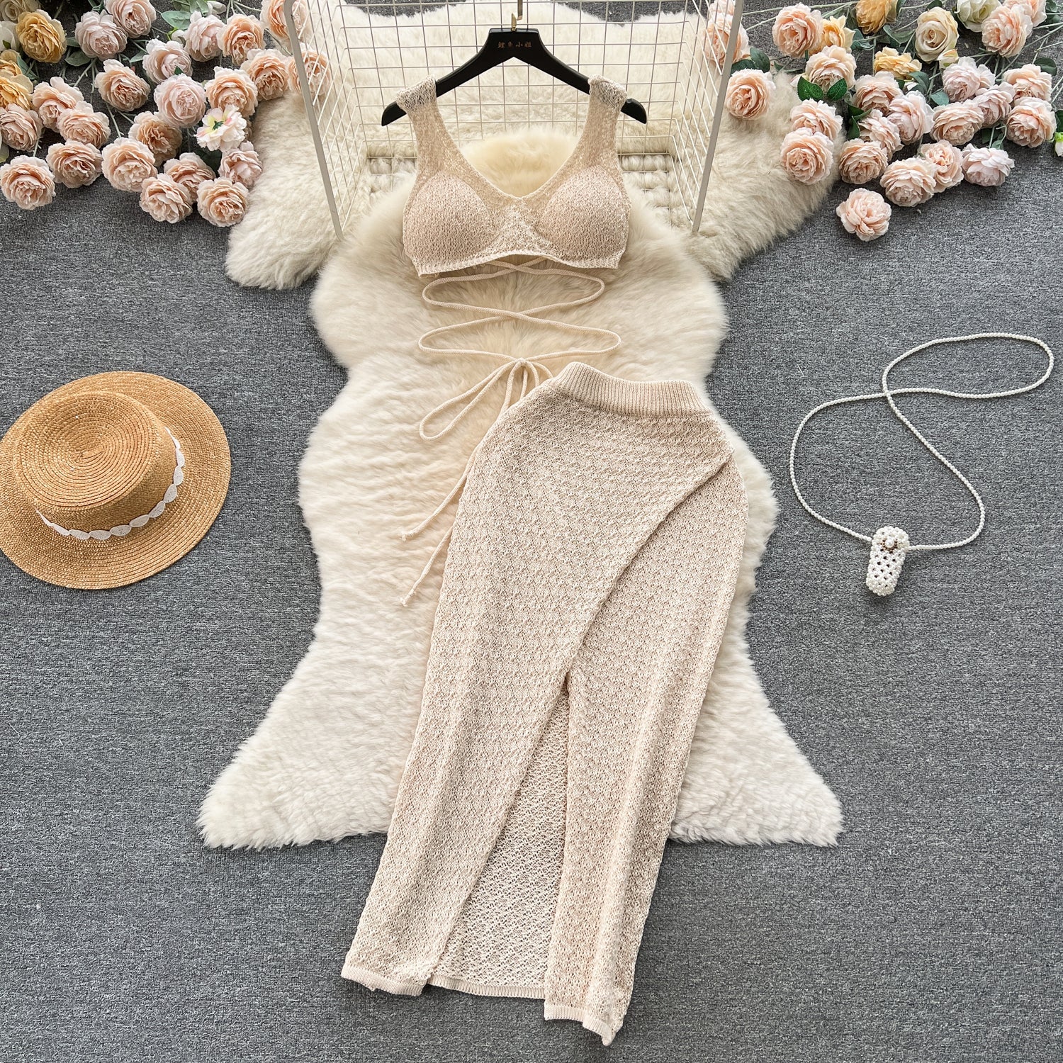 Lace-up Camisole&Split Skirt Knitted 2Pcs
