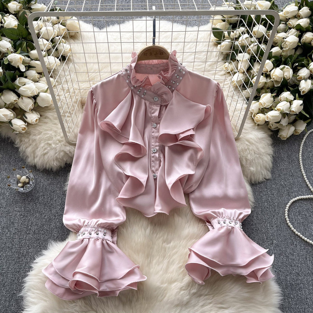 Vintage Solid Color Beaded Ruffled Shirt