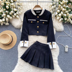 Color Blocking Cardigan&Pleated Skirt 2Pcs