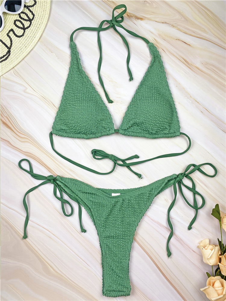 Solid Coloured Lace-up Three-point Bikini