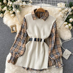 Two-piece Tartan Shirt Split Knit Vest