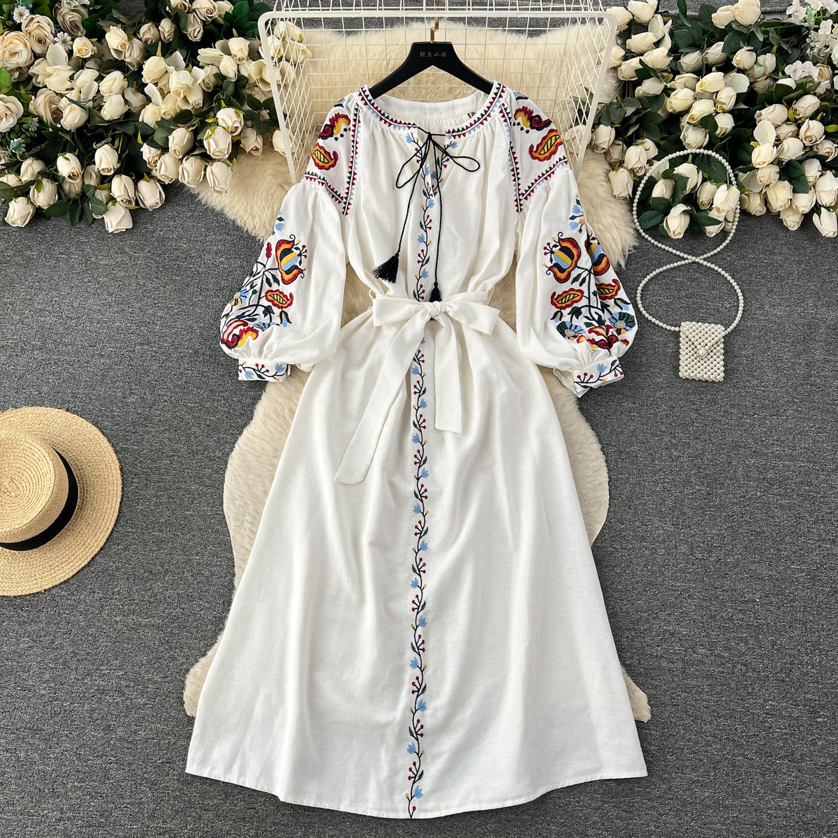 Bohemia Lace-up Embroidered Floral Dress