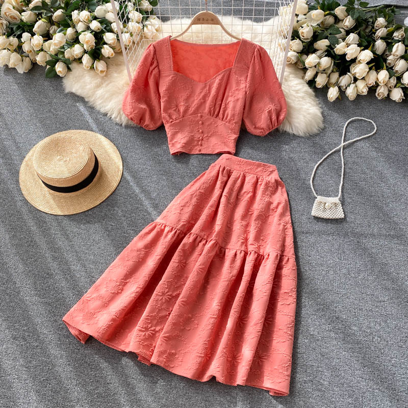 Two-piece Puff Sleeve Short Top And Skirt