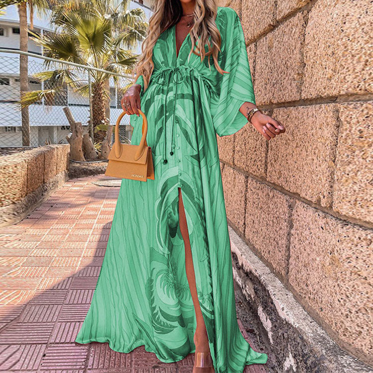 V-neck Printed Lace-up Beach Dress