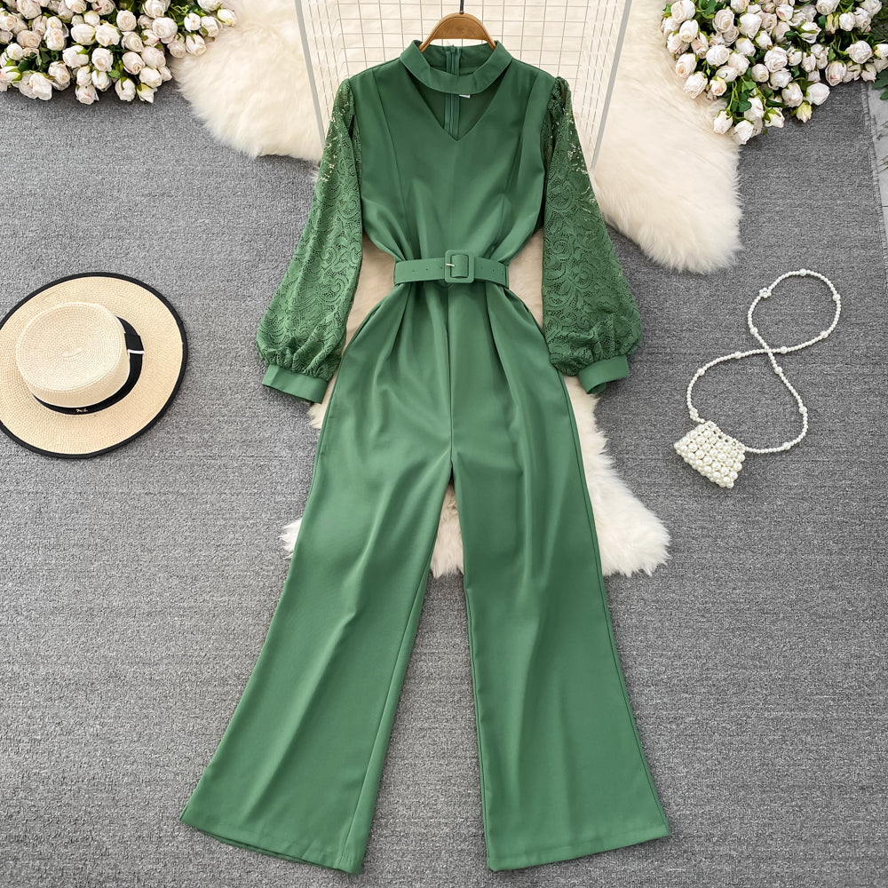 Vintage V-neck Lace Patchwork Jumpsuit