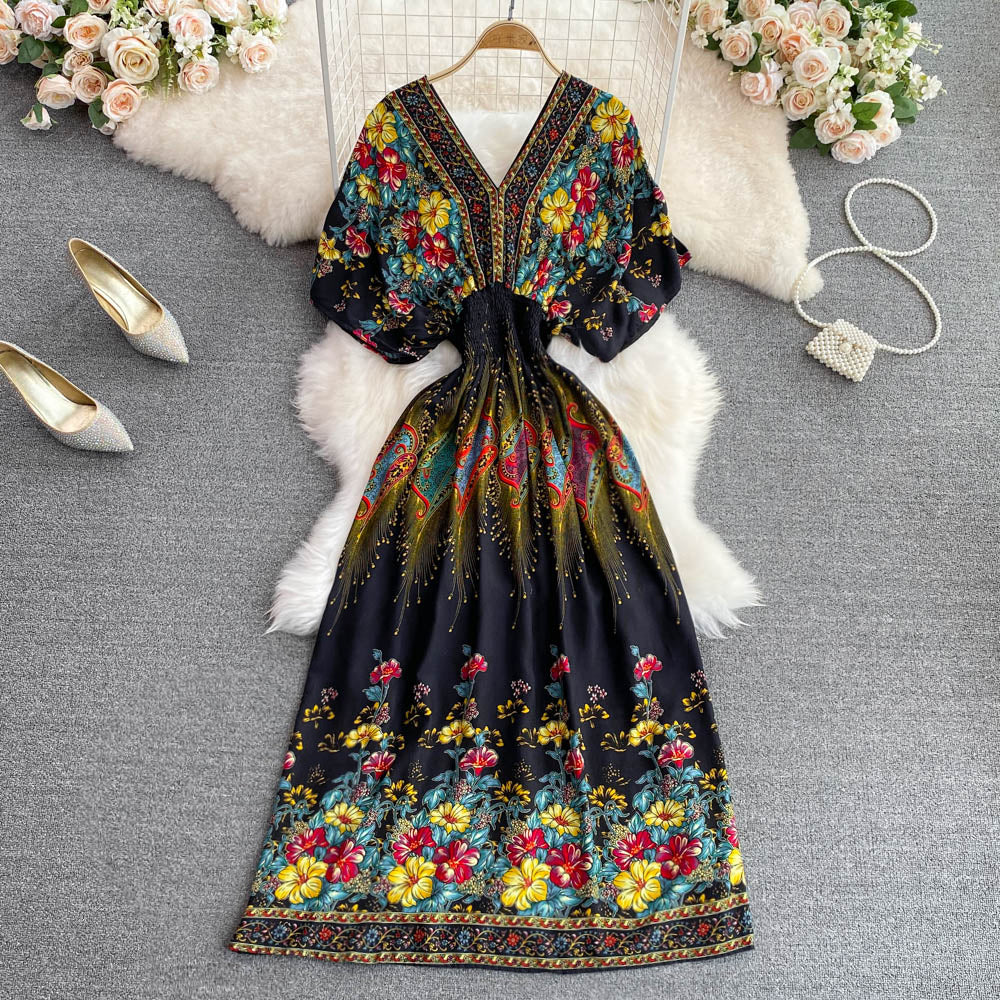 V-neck Batwing Sleeve A-line Maxi Dress