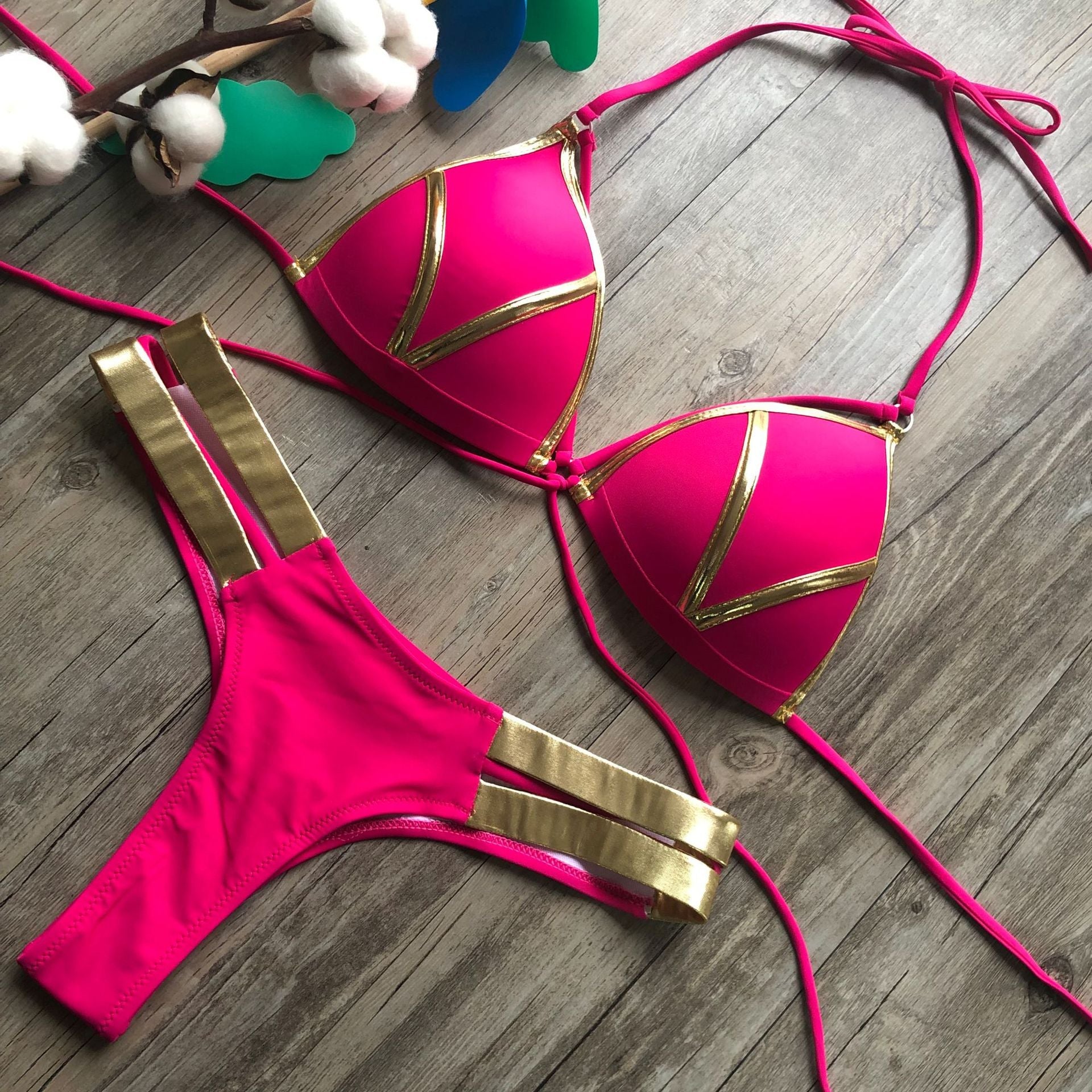 Stamping Patchwork Strappy Bikini