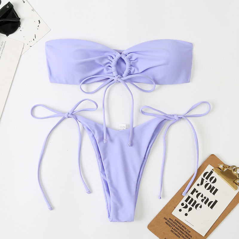 Solid Color Pleated Lace-up Bikini