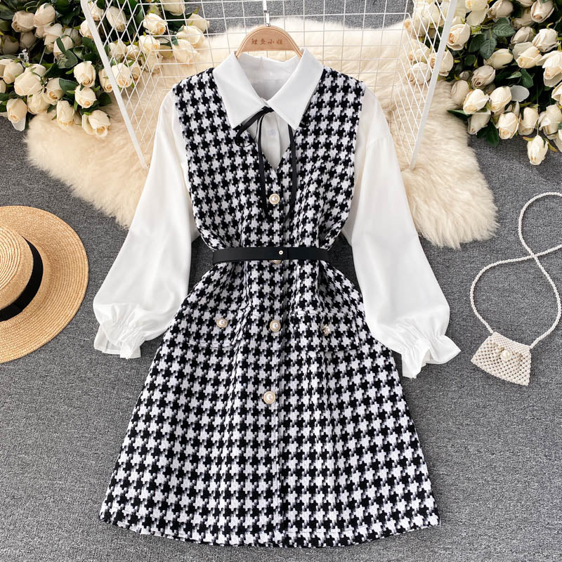 Two-piece Puff Sleeve Shirt Houndstooth Dress