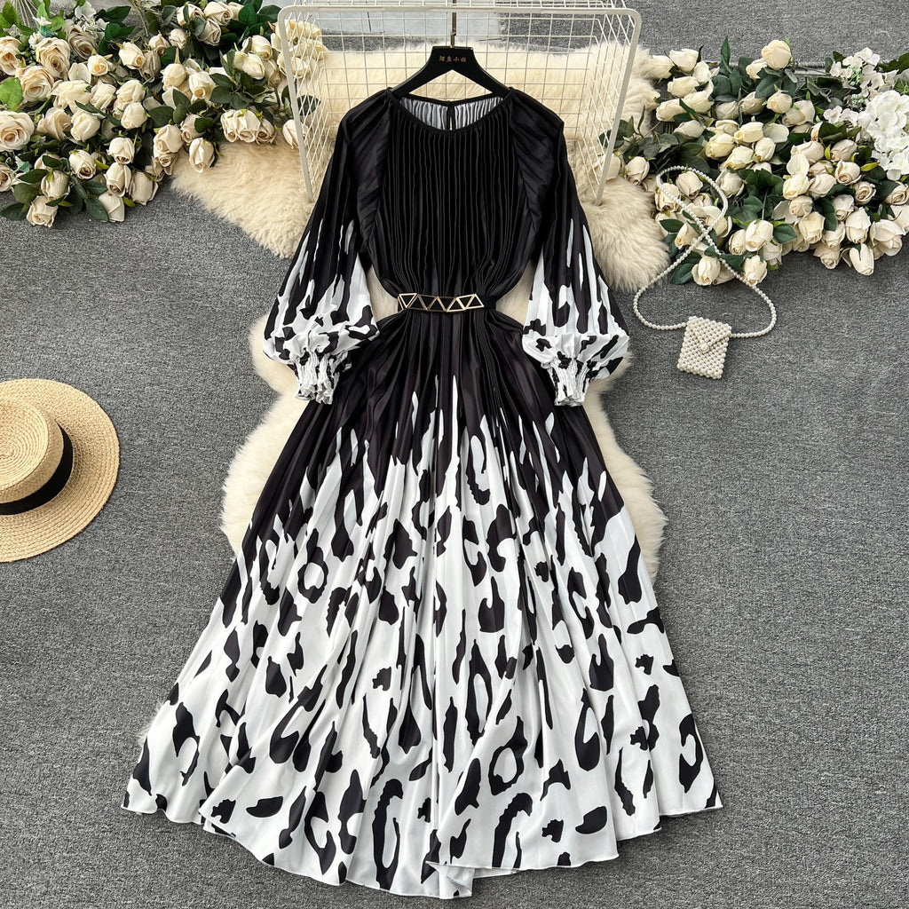 Floral Printed High-waist Pleated Dress