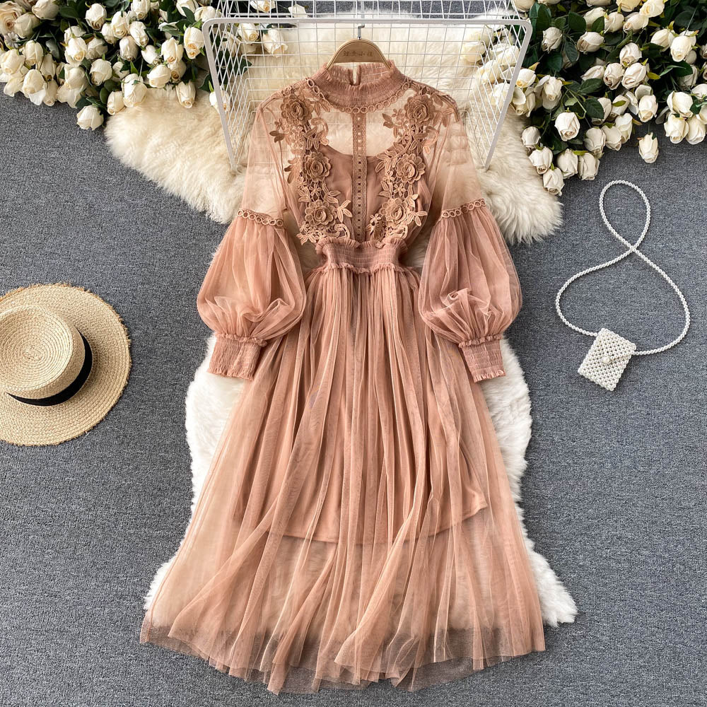 Embroidered Mesh Sleeve Sling Two-Piece Dress