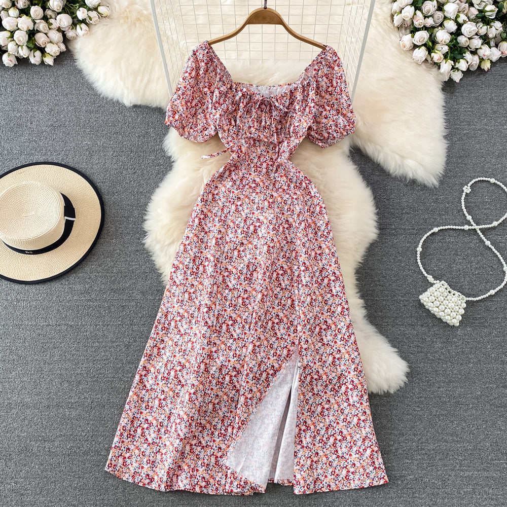 French Style Puff Sleeve Floral Dress