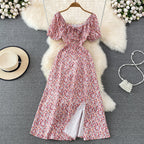 French Style Puff Sleeve Floral Dress