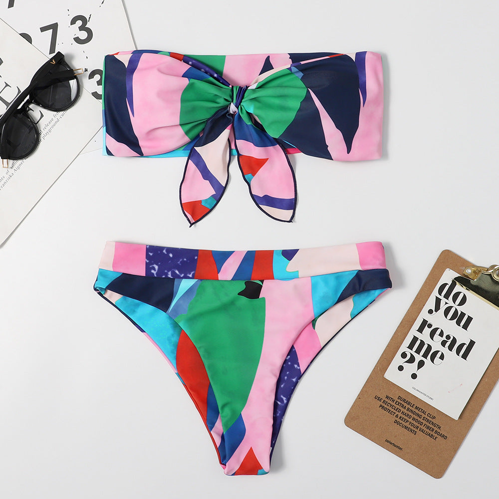 Knotted Flower-printed Strapless Bikini