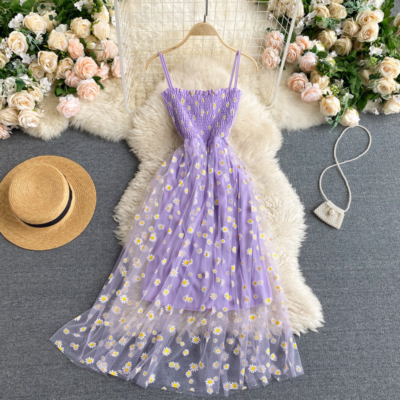 Off-the-shoulder Mesh Embroidered Chrysanthemum Dress