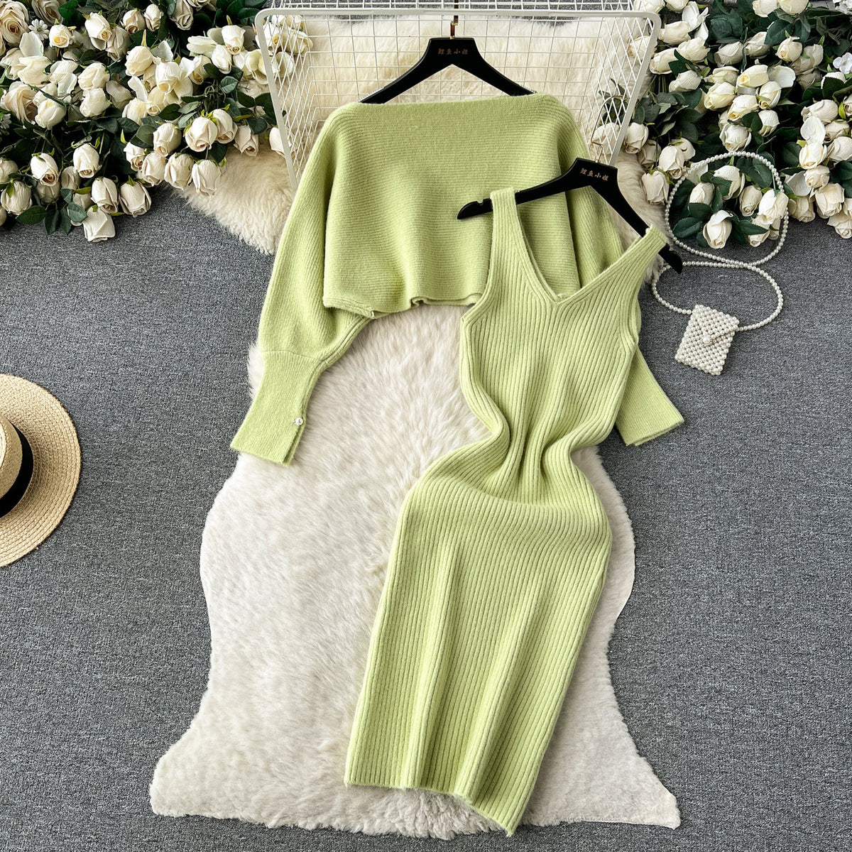 Loose Sweater&Slip Dress Knitted 2Pcs