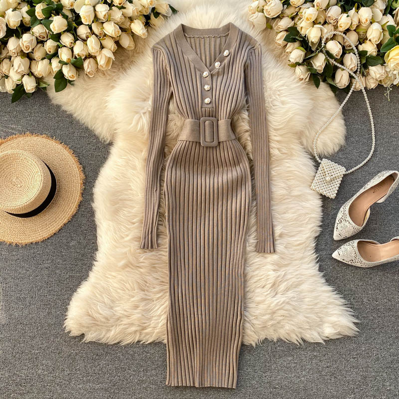 Belted Waist Long Sleeve Dress