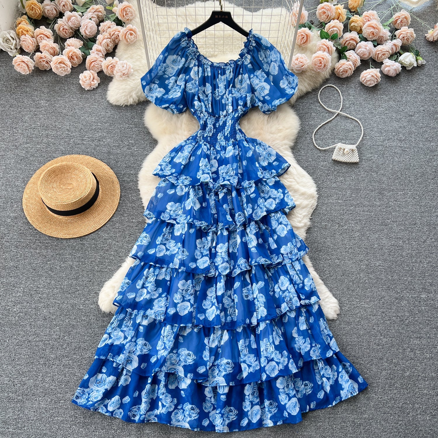 Vintage Puffy Sleeve Floral Cake Dress
