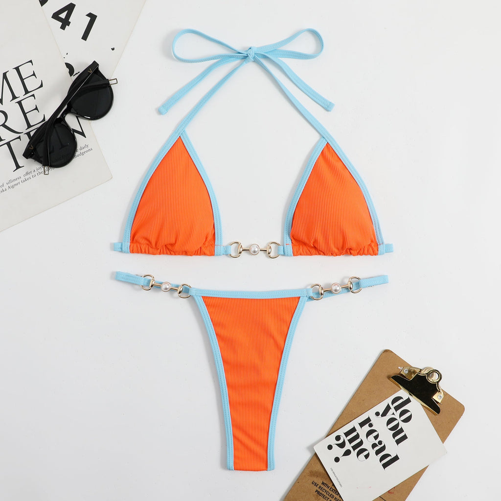 Pit-striped Fabric Color Blocking Bikini
