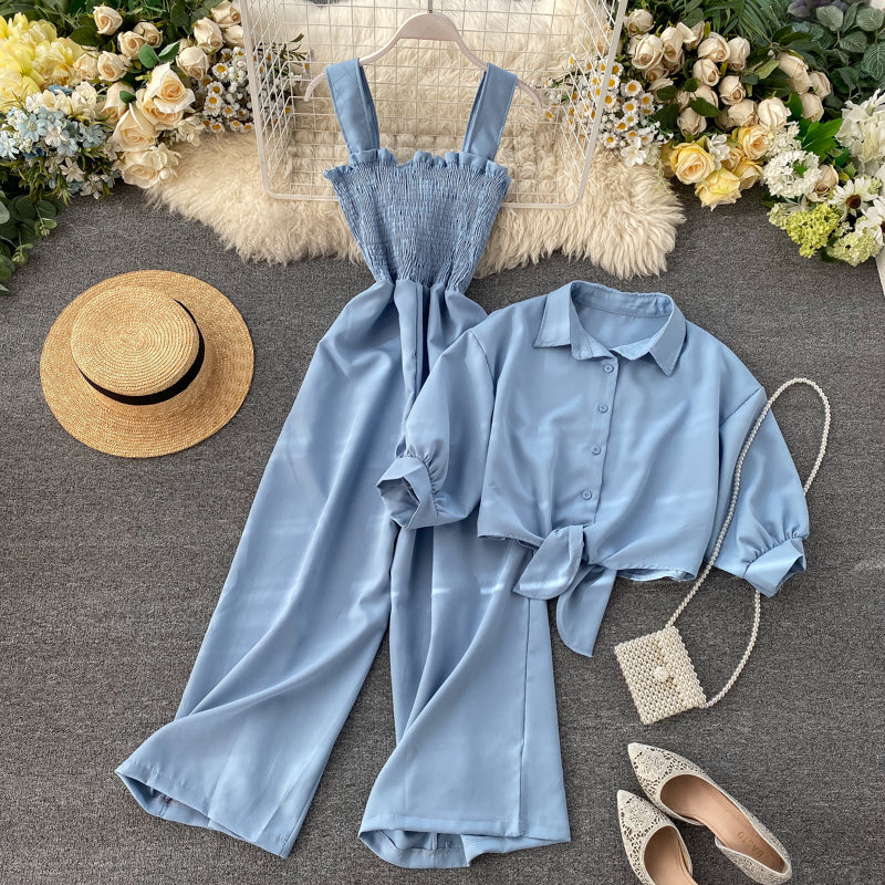 Stand-collar Cardigan&Jumpsuit 2pcs