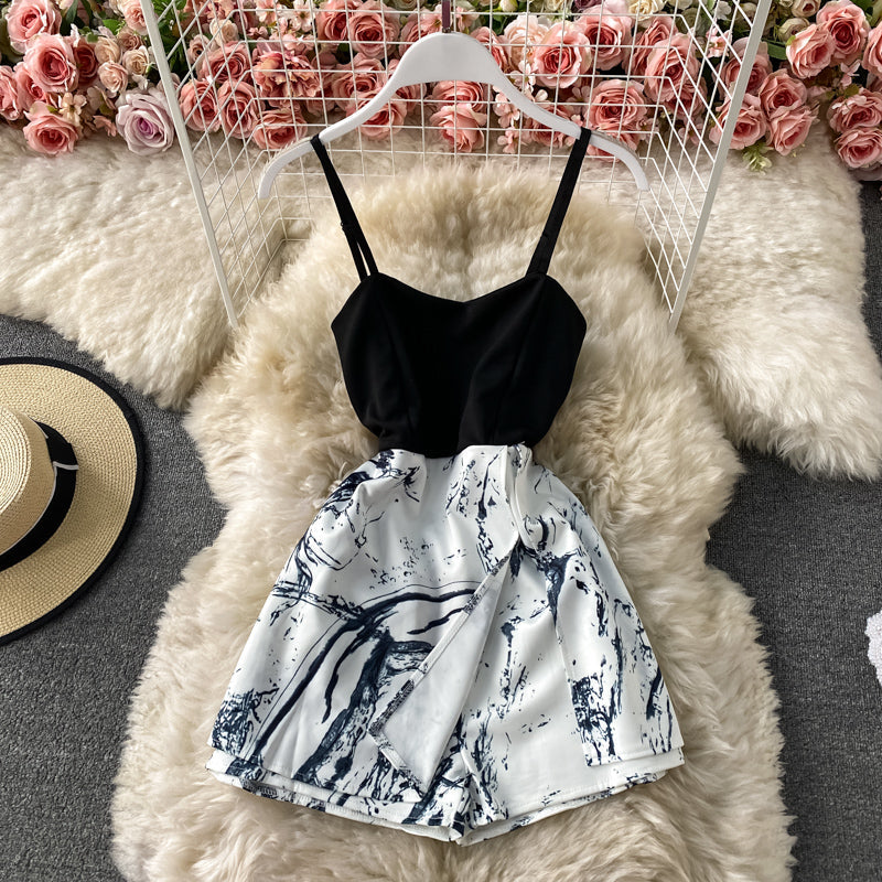 Patchwork Plaid Fake Two-Piece Sling Jumpsuit