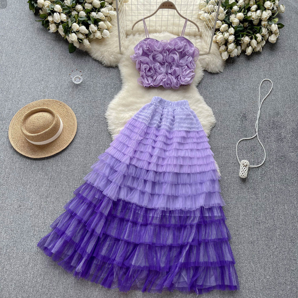 3d Floral Gradient Camisole&Skirt 2Pcs