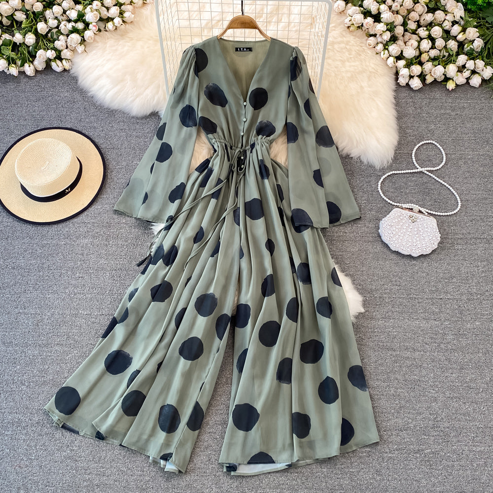 Flared Sleeve Polka Dot Print V-Neck Jumpsuit