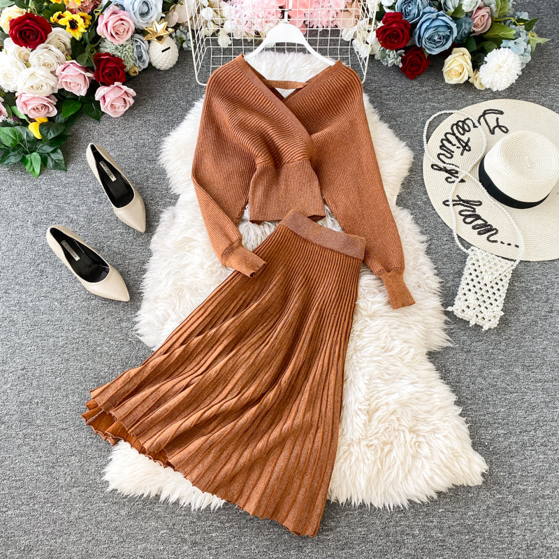 Two-piece Bright Silk Knitted Sweater + Skirt