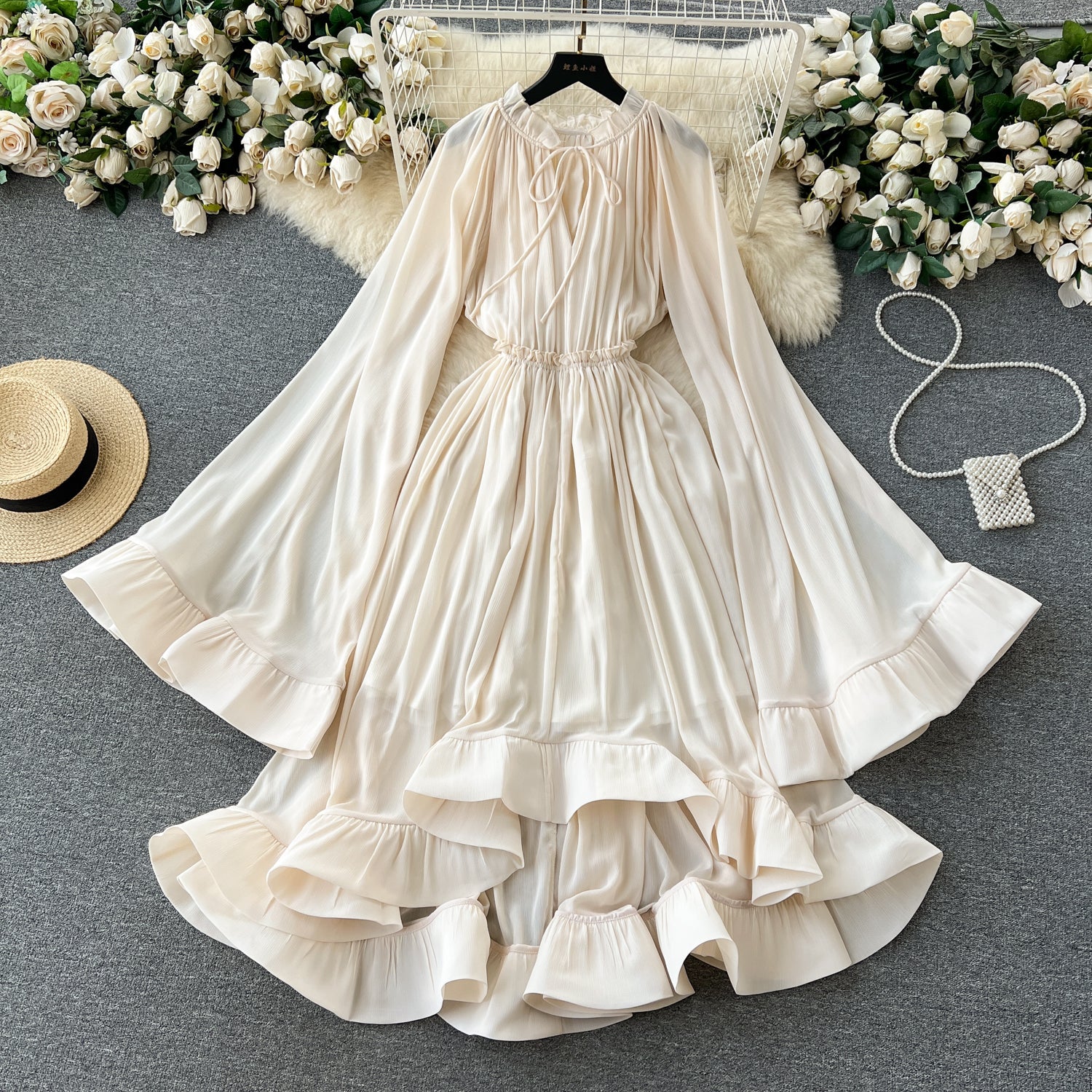 V-neck Lace-up Flared Sleeve Dress