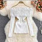 Three-dimensional Floral Off-shoulder Sweater