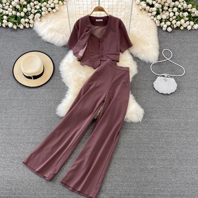 Camisole Short V-Neck Shirt Jacket Long Pants Three Piece