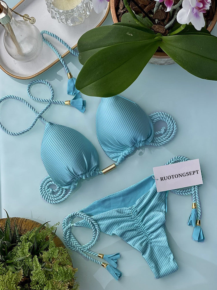 Solid Special Fabric Tassel Bikini