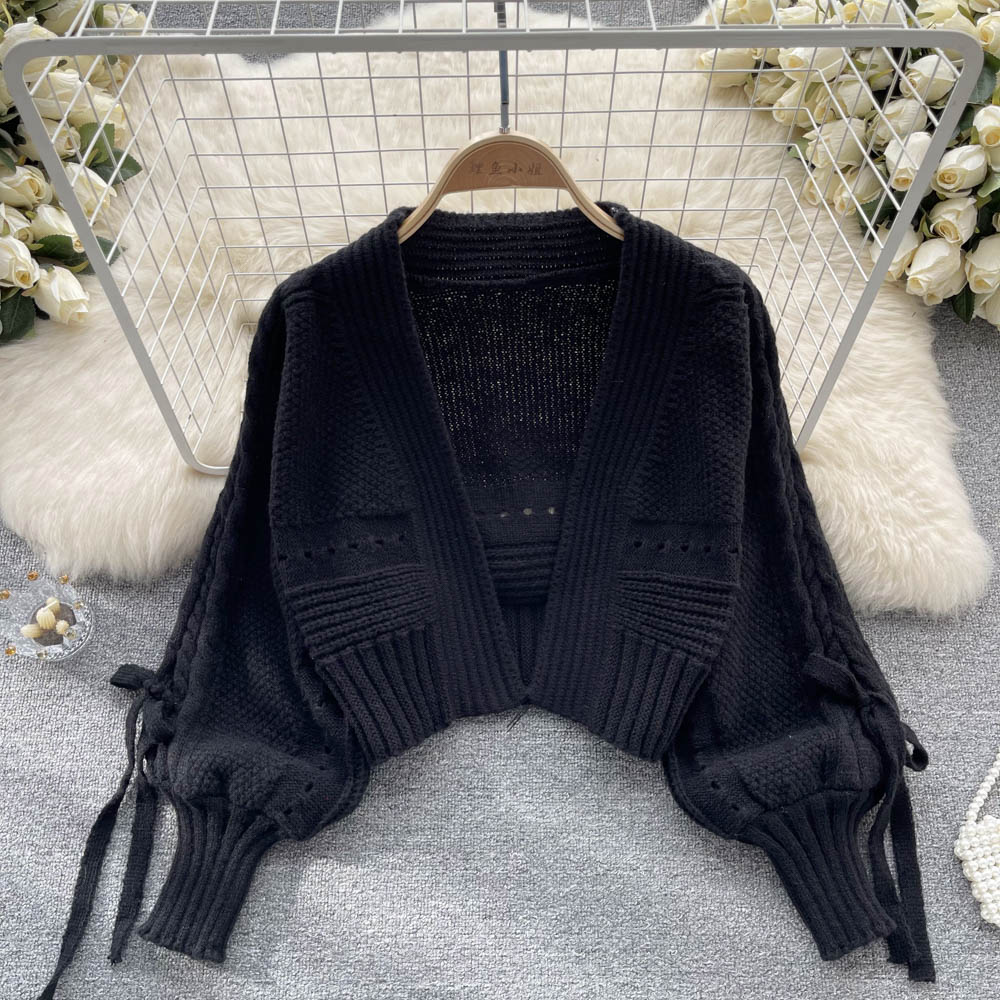 Bow Drawstring Short Knitted Cardigan