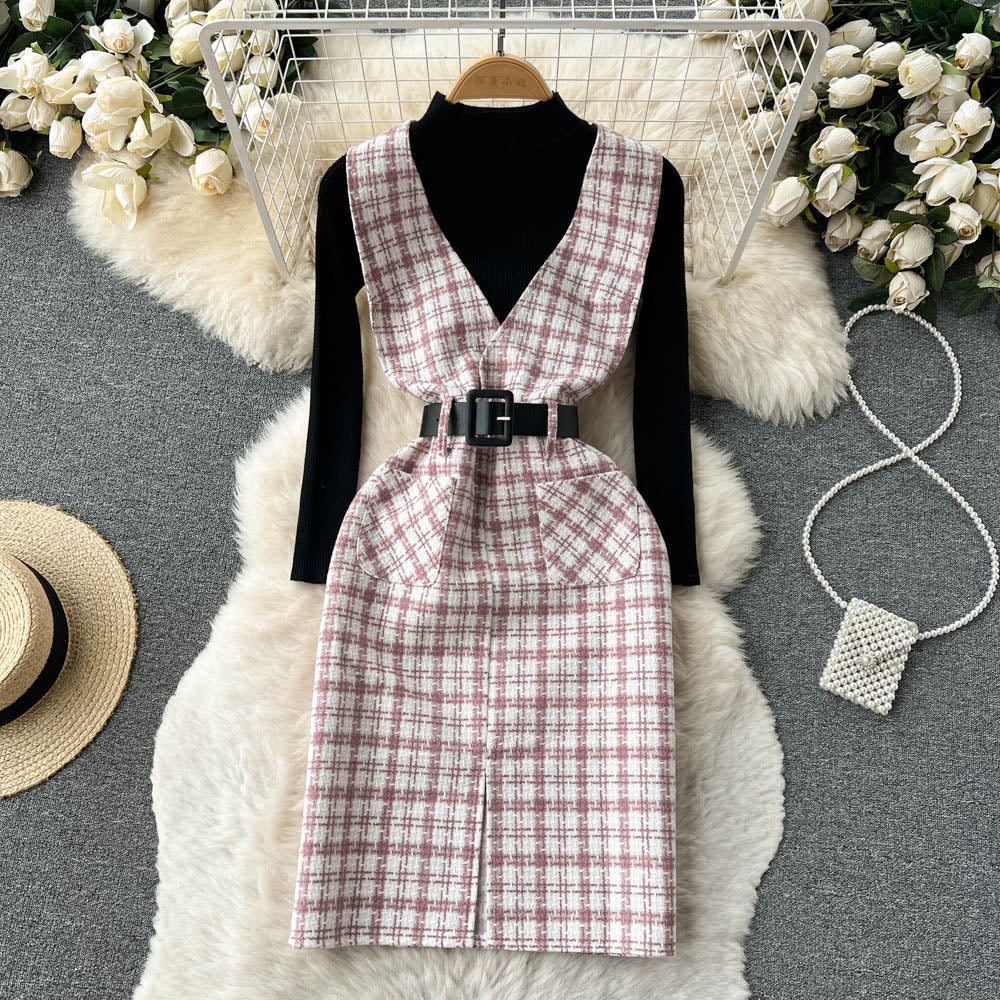 Bottom Sweater&Houndstooth Strappy Dress 2Pcs
