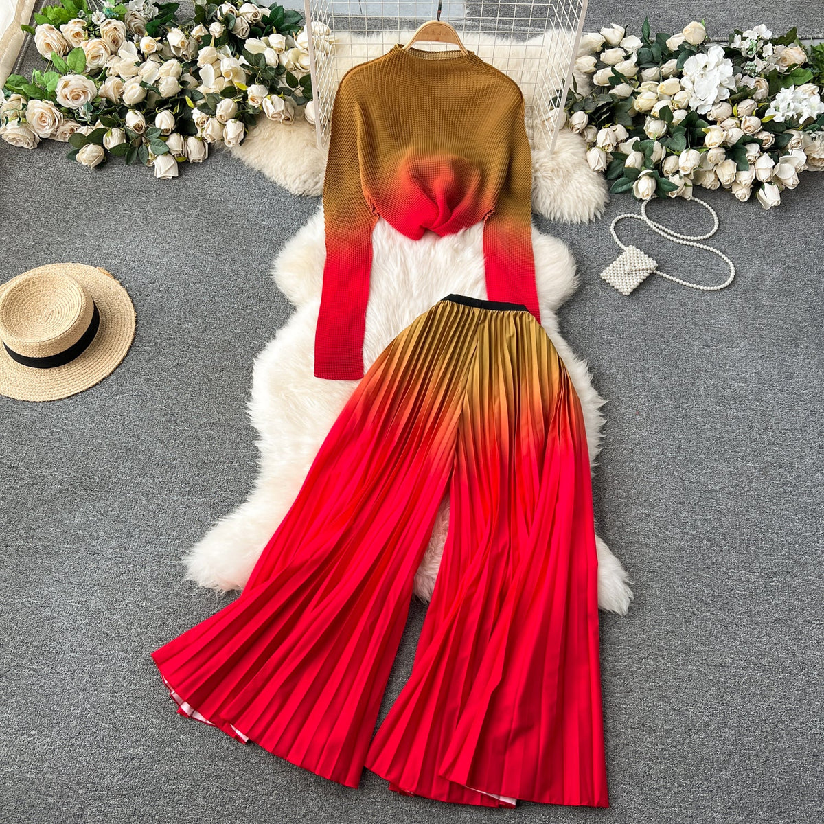 Pleated Knitwear&Wide-leg Trousers Printed 2Pcs