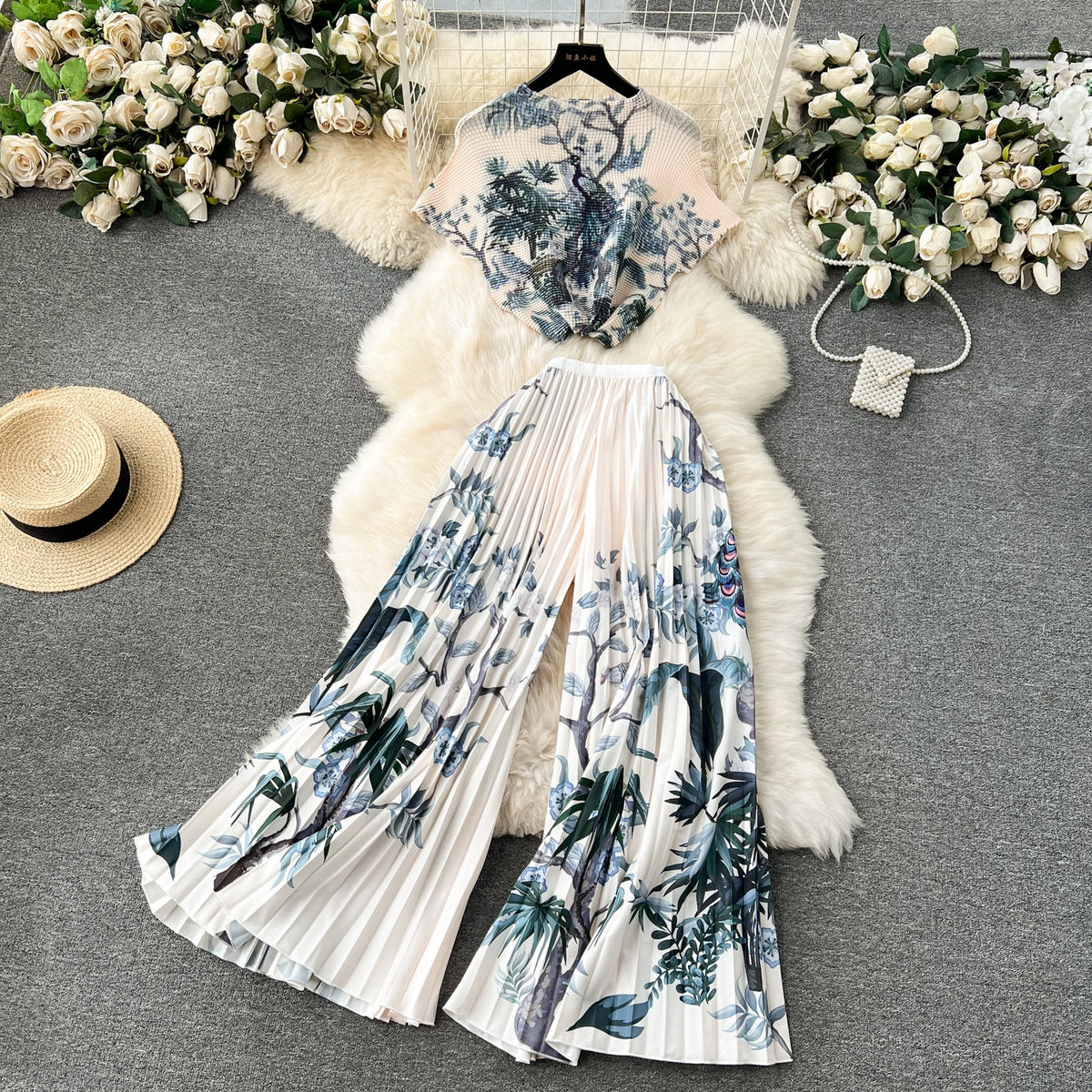 Printed T-Shirt&Pleated Trousers Loose-fit 2Pcs